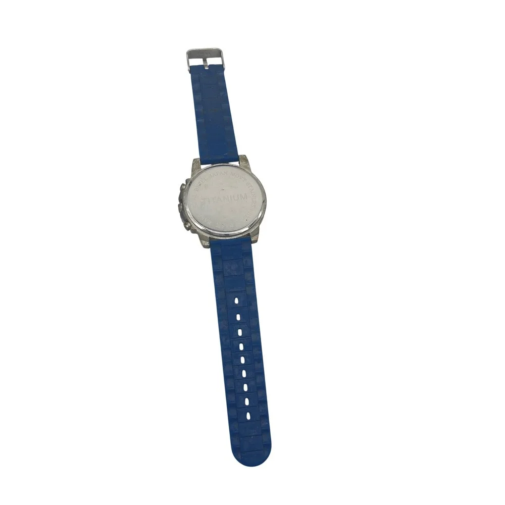 Titanium Quartz Watch Blue Silicone‎ Strap Silver Chronograph Dial Japan Movt